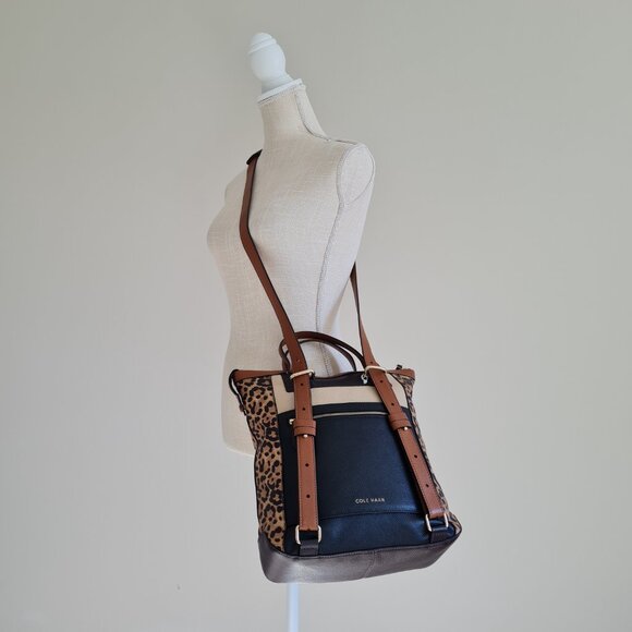 Cole Haan Leopard Cheetah Brown Convertible Backpack Leather Black Brown Beige - Picture 4 of 14